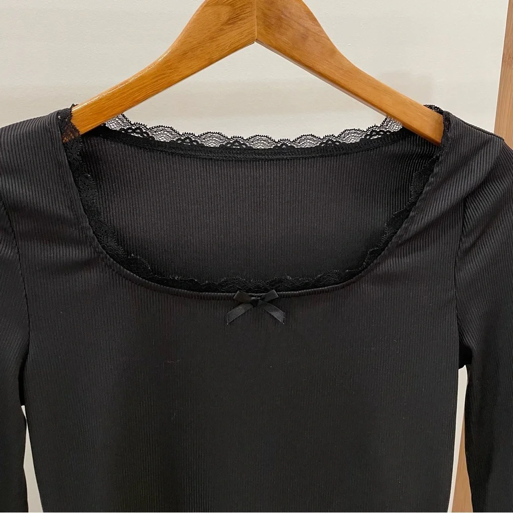 Square Neck Lace Ribbed Top with Bow Detail in Black - M
